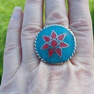 *** $15 Sale *** New Turquoise & Coral Adjustable Ring. 